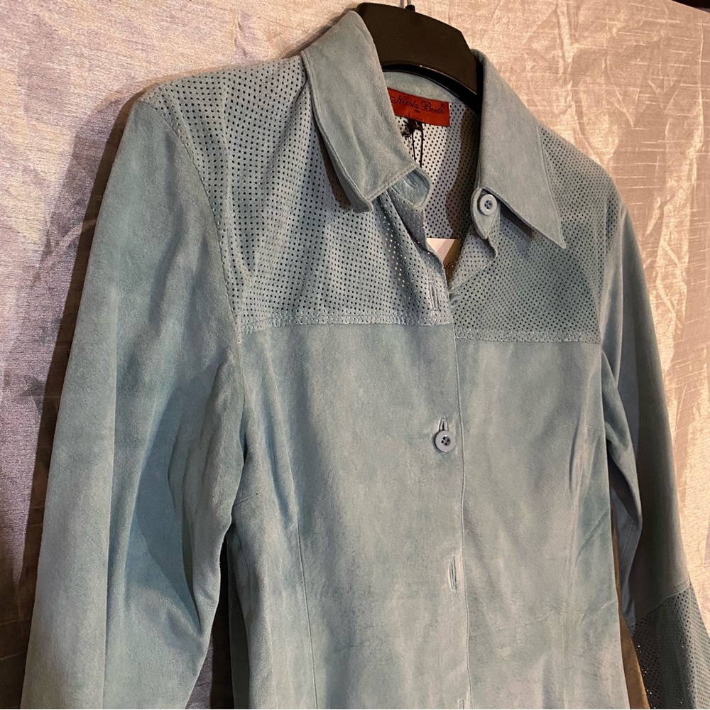 Nicola Berti perforated light suede jacket size L, read comments, NWT w/defect